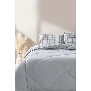 Gri Kareli Loura Çift Kişilik Çift Taraflı Lüx Wellsoft Yorgan Seti 195x215 Cm