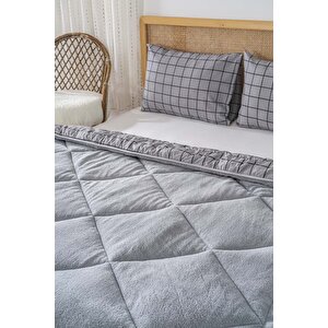 Gri Kareli Loura Çift Kişilik Çift Taraflı Lüx Wellsoft Yorgan Seti 195x215 Cm