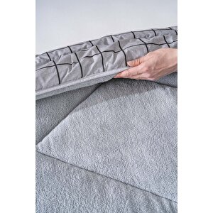 Gri Kareli Loura Tek Kişilik Çift Taraflı Lüx Wellsoft Yorgan Seti 155x215 Cm
