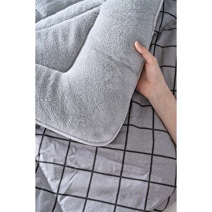Gri Kareli Loura Tek Kişilik Çift Taraflı Lüx Wellsoft Yorgan Seti 155x215 Cm