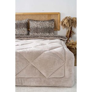 Bej Leopar Loura Tek Kişilik Çift Taraflı Lüx Wellsoft Yorgan Seti 155x215 Cm