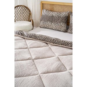 Bej Leopar Loura Tek Kişilik Çift Taraflı Lüx Wellsoft Yorgan Seti 155x215 Cm