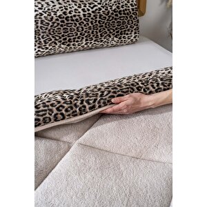 Bej Leopar Loura Tek Kişilik Çift Taraflı Lüx Wellsoft Yorgan Seti 155x215 Cm