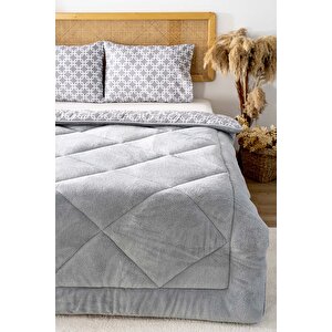 Gri Geometrik Loura Tek Kişilik Çift Taraflı Lüx Wellsoft Yorgan Seti 155x215 Cm