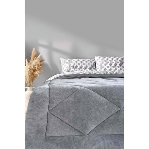 Gri Geometrik Loura Tek Kişilik Çift Taraflı Lüx Wellsoft Yorgan Seti 155x215 Cm