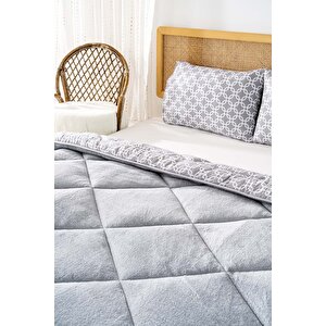 Gri Geometrik Loura Tek Kişilik Çift Taraflı Lüx Wellsoft Yorgan Seti 155x215 Cm