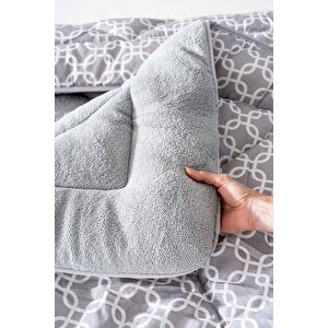 Gri Geometrik Loura Tek Kişilik Çift Taraflı Lüx Wellsoft Yorgan Seti 155x215 Cm