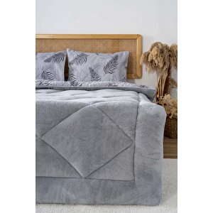 Gri Yaprak Loura Tek Kişilik Çift Taraflı Lüx Wellsoft Yorgan Seti 155x215 Cm