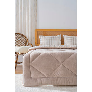 Bej Kareli Tek Kişilik Çift Taraflı Lüx Wellsoft Yorgan Seti 155x215 Cm