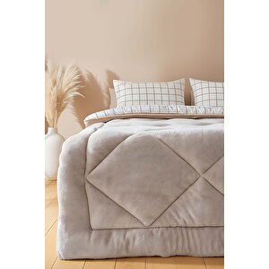 Bej Kareli Tek Kişilik Çift Taraflı Lüx Wellsoft Yorgan Seti 155x215 Cm