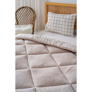 Bej Kareli Tek Kişilik Çift Taraflı Lüx Wellsoft Yorgan Seti 155x215 Cm