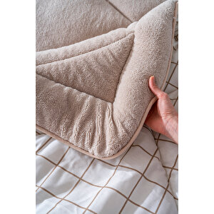 Bej Kareli Tek Kişilik Çift Taraflı Lüx Wellsoft Yorgan Seti 155x215 Cm