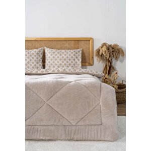 Bej Geometrik Loura Tek Kişilik Çift Taraflı Lüx Wellsoft Yorgan Seti 155x215 Cm