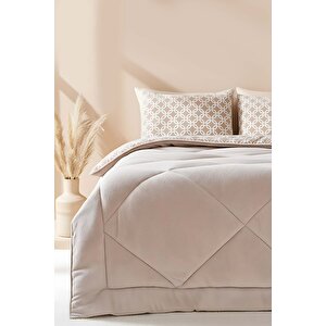 Bej Geometrik Loura Tek Kişilik Çift Taraflı Lüx Wellsoft Yorgan Seti 155x215 Cm