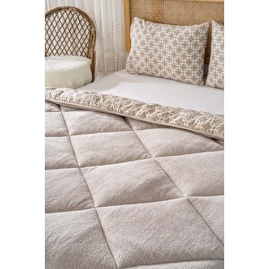 Bej Geometrik Loura Tek Kişilik Çift Taraflı Lüx Wellsoft Yorgan Seti 155x215 Cm