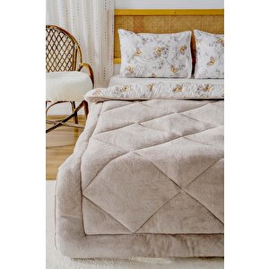 Bej Kelebek Loura Tek Kişilik Çift Taraflı Lüx Wellsoft Yorgan Seti 155x215 Cm
