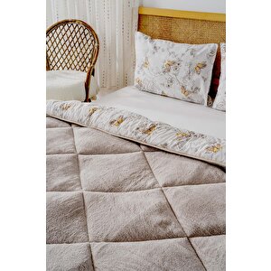 Bej Kelebek Loura Tek Kişilik Çift Taraflı Lüx Wellsoft Yorgan Seti 155x215 Cm