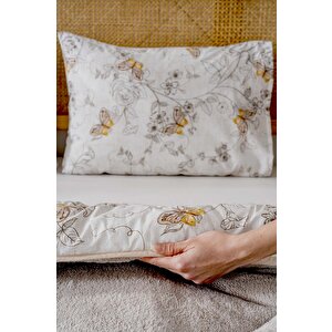 Bej Kelebek Loura Tek Kişilik Çift Taraflı Lüx Wellsoft Yorgan Seti 155x215 Cm