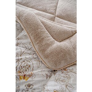 Bej Kelebek Loura Tek Kişilik Çift Taraflı Lüx Wellsoft Yorgan Seti 155x215 Cm
