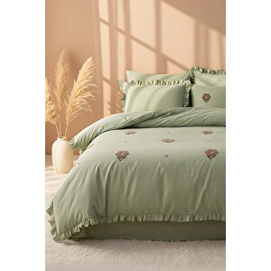 Florita Yeşil Çift Kişilik Nakışlı Nevresim Takımı  & Çeyiz Seti % 100 Pamuklu