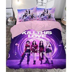 Black Pink Temalı Baskılı Mor Çift Kişilik Nevresim Takımı