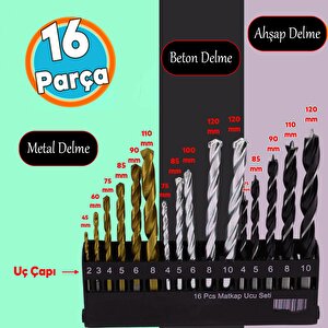 Matkap Ucu Set 16'lı Paket 3'ü Bir Arada Beton Duvar Ahşap Metal Çelik Delme Uç Değişik Uzunluk Çap