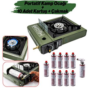 Portatif Kamp Ocağı Taşınabilir Tek Gözlü 10 Adet Gaz Kartuşlu Tüp Uyumlu Bağlantı Gezi Piknik Ocak