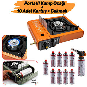 Taşınabilir Kamp Ocağı Portatif Tek Gözlü (10 Adet) Gaz Kartuşlu Tüp Uyumlu Bağlantı Piknik Ocak