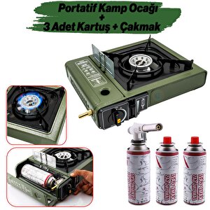 Portatif Kamp Ocağı Taşınabilir Tek Gözlü 3 Adet Gaz Kartuşlu Tüp Uyumlu Bağlantı Gezi Piknik Ocak