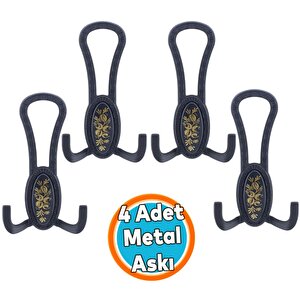 Mobilya Portmanto Vestiyer Duvar Banyo Askısı Metal Dolap Elbise Askılığı Mat Siyah Desenli 4 Adet