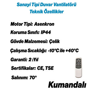 Sanayi Tipi Kumandalı Duvar Vantilatörü 50 Cm 130 W Endüstriyel Sessiz Duvara Monte Fan