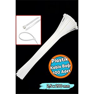 100 Adet Cırt Kelepçe 2.5 X 200 Mm Plastik Beyaz Renk Zip Kablo Bağı Çok Amaçlı Bağlama 20 Cm