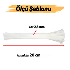 100 Adet Cırt Kelepçe 2.5 X 200 Mm Plastik Beyaz Renk Zip Kablo Bağı Çok Amaçlı Bağlama 20 Cm