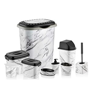 Ozr-d053 X128 Beyaz Mermer Desenli 9 Parça Plastik Banyo Seti