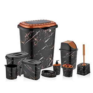 Ozr-d053 X129 Siyah Mermer Desenli 9 Parça Plastik Banyo Seti