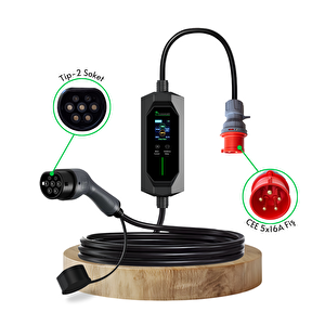 Elektrikli Araç Taşınabilir Şarj Istasyonu 11 Kw / 16A / Tip-2 / 5X16A Fiş / Trifaze / 5m / Çantalı / Ev Tipi Dönüştürücü Kablolu(TÜRKÇE MENÜ)