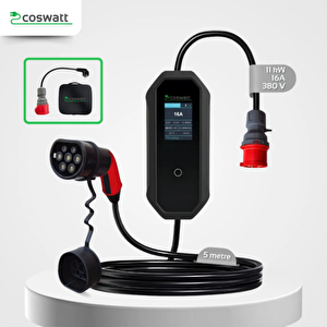 Taşınabilir Şarj Cihazı 11 Kw / 3p-16a / Tip-2 / 5x16a Fiş / 5m Kablolu / 380v Ac / Ev Tipi Dönüştürücü Kablo Ve Taşıma Çantası Hediyeli
