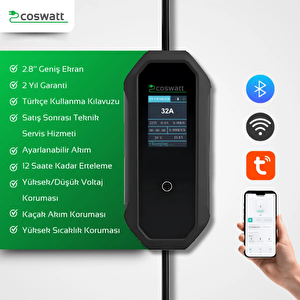Elektrikli Araba Taşınabilir Şarj Cihazı 7 Kw / 32a / Tip-2 / 3x32a Fiş / Monofaze / 5m / Çantalı / Ev Tipi Dönüştürücü Kablolu