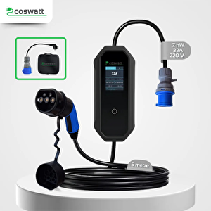 Elektrikli Araba Taşınabilir Şarj Cihazı 7 Kw / 32a / Tip-2 / 3x32a Fiş / Monofaze / 5m / Çantalı / Ev Tipi Dönüştürücü Kablolu