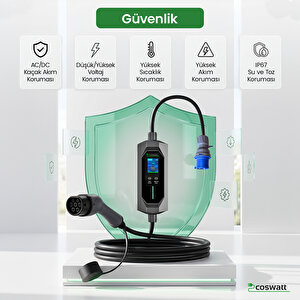 Elektrikli Araba Taşınabilir Şarj Istasyonu 7 Kw / 32A / Tip-2 / 3X32A Fiş / Monofaze / 5m / Çantalı / Ev Tipi Dönüştürücü Kablolu(TÜRKÇE MENÜ) YERLİ ÜRETİM