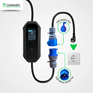 Elektrikli Araba Taşınabilir Şarj Cihazı 7 Kw / 32a / Tip-2 / 3x32a Fiş / Monofaze / 5m / Çantalı / Ev Tipi Dönüştürücü Kablolu