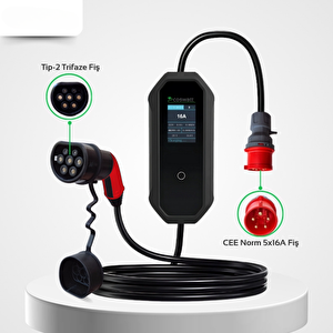 Taşınabilir Şarj Cihazı 11 Kw 3p-16a Tip-2 5x16a Fiş 380v Ac Ev Tipi Dönüştürücü Kablo Ve Taşıma Çantası Hediyeli ( 8 Metre Kablo)