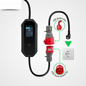 Taşınabilir Şarj Cihazı 11 Kw 3p-16a Tip-2 5x16a Fiş 380v Ac Ev Tipi Dönüştürücü Kablo Ve Taşıma Çantası Hediyeli ( 8 Metre Kablo)