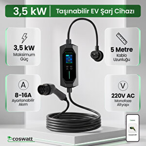 Taşınabilir Şarj Cihazı 3.5 kW / 16A / Tip-2 / Ev Tipi Schuko Fiş / 5m Kablolu / 220V AC / Taşıma Çantası Hediyeli