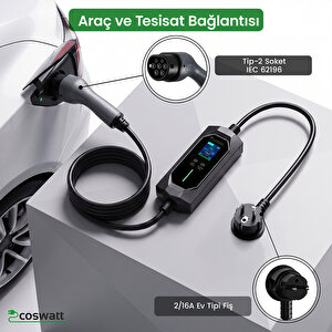 Taşınabilir Şarj Cihazı 3.5 kW / 16A / Tip-2 / Ev Tipi Schuko Fiş / 5m Kablolu / 220V AC / Taşıma Çantası Hediyeli