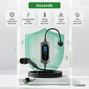 Taşınabilir Şarj Cihazı 3.5 kW / 16A / Tip-2 / Ev Tipi Schuko Fiş / 5m Kablolu / 220V AC / Taşıma Çantası Hediyeli