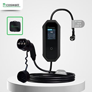 Taşınabilir Şarj Cihazı 3.5 Kw / 16a / Türkçe Menü/ Tip-2 / Ev Tipi Schuko Fiş / 220v Ac / Taşıma Çantası Hediyeli (8m Kablolu)