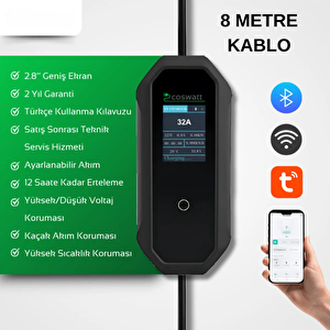 Taşınabilir Şarj Cihazı 7 Kw 32a Tip-2 / 3x32a Fiş 220v Ac Ev Tipi Dönüştürücü Kablo Ve Taşıma Çantası Hediyeli (8 Metre Kablo)