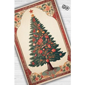 Yeni Yıl Temalı Halı Krem Kırmızı Renkli Yeni Yıl Parti Halısı Yılbaşı Ağacı Hediyelik Halı 160x240 cm