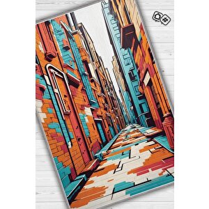 Homshtag Art Deco Sokak,mavi Turuncu Beyaz Dekoratif Halı,renkli Sokak Sanatı Temalı Graffiti Halısı
